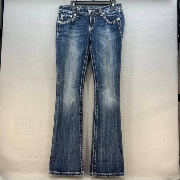 Miss Me Women's Jeans Size 29 (8) Mid Rise Boot Fleur De Lis Biker Moto Bling - Picture 2 of 14